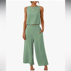ANRABESS 2-Piece Linen Blend Crop Top & Wide Leg Pants Set | Light Green| Size M